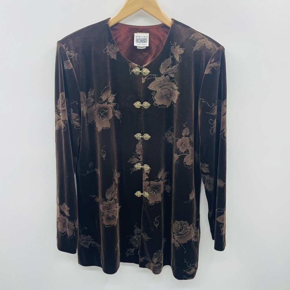 R & M Richards Womens Size 14 Floral Printed Glitter Velvet Jacket in Brown